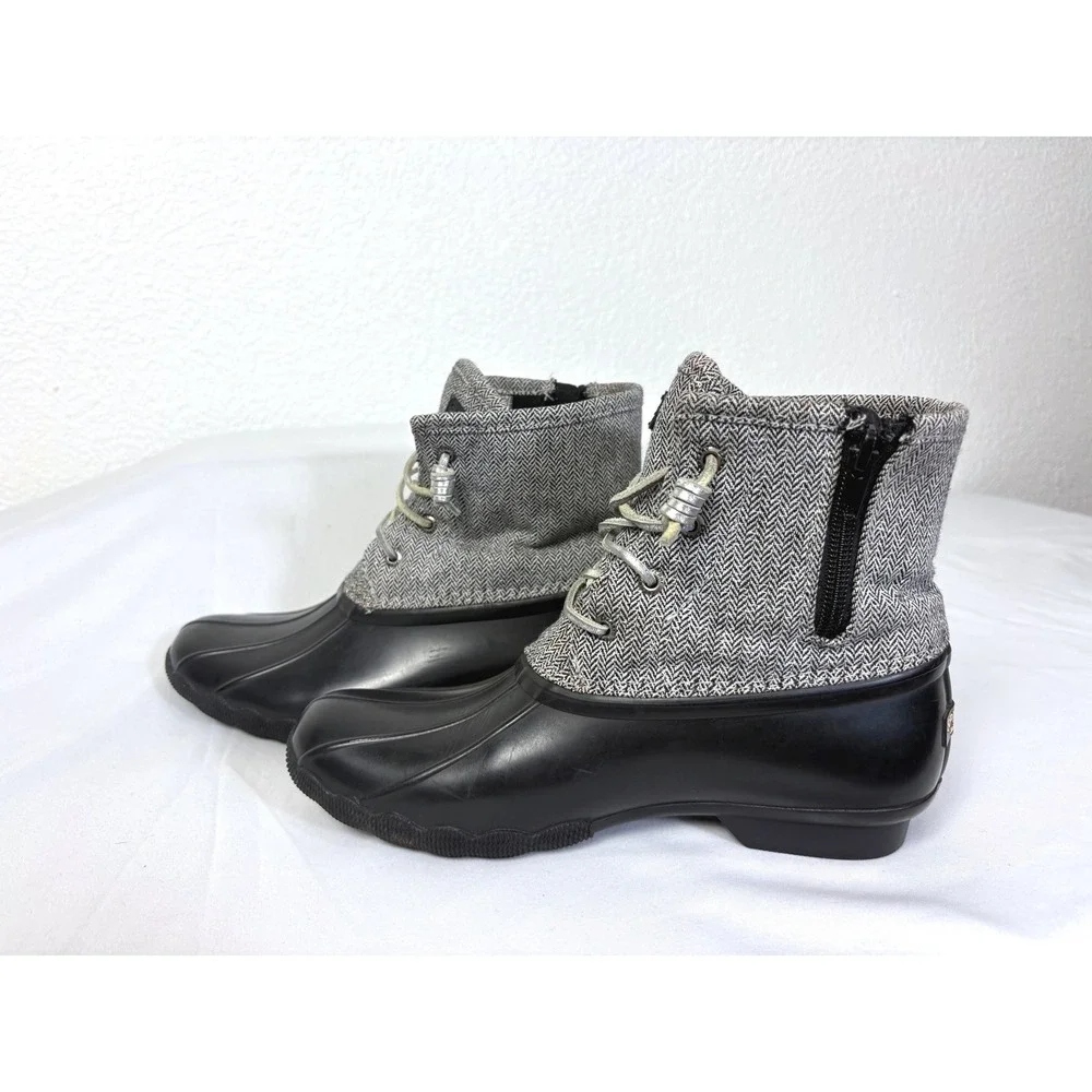 Sperry Black & Grey Herringbone Saltwater Duck Boots Girl Size 5 Rain Snow Fall